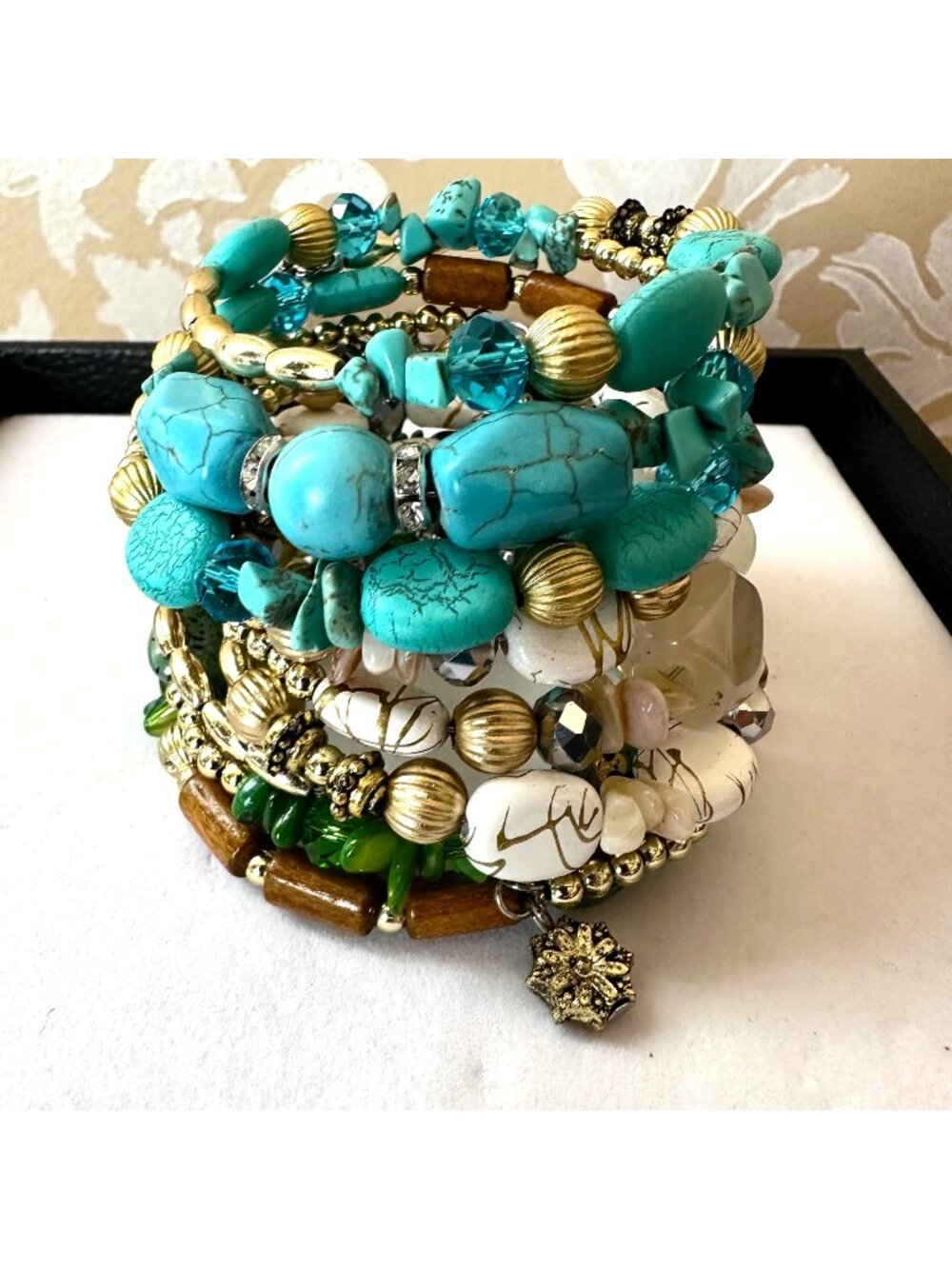 Costume Jewelry Lot Set of 3 Coil Bracelets Blue Green and White Gemstone